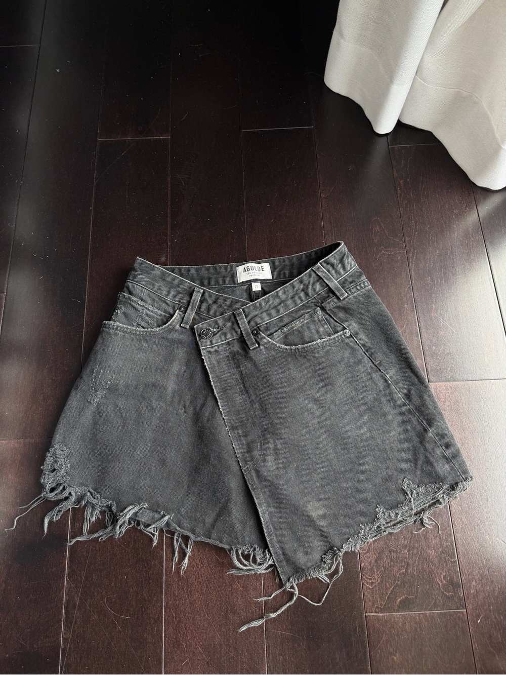 Agolde Black Distressed Asymmetrical Denim Skirt